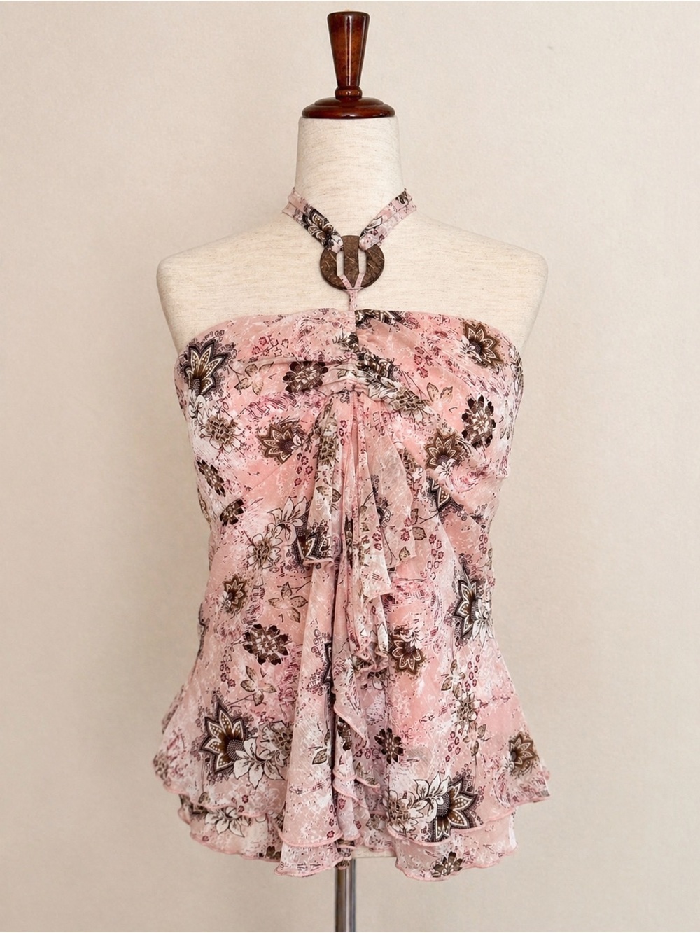 Y2K Floral Halter Top Studio 1940 Pink Boho Ruffle Blouse Size XL